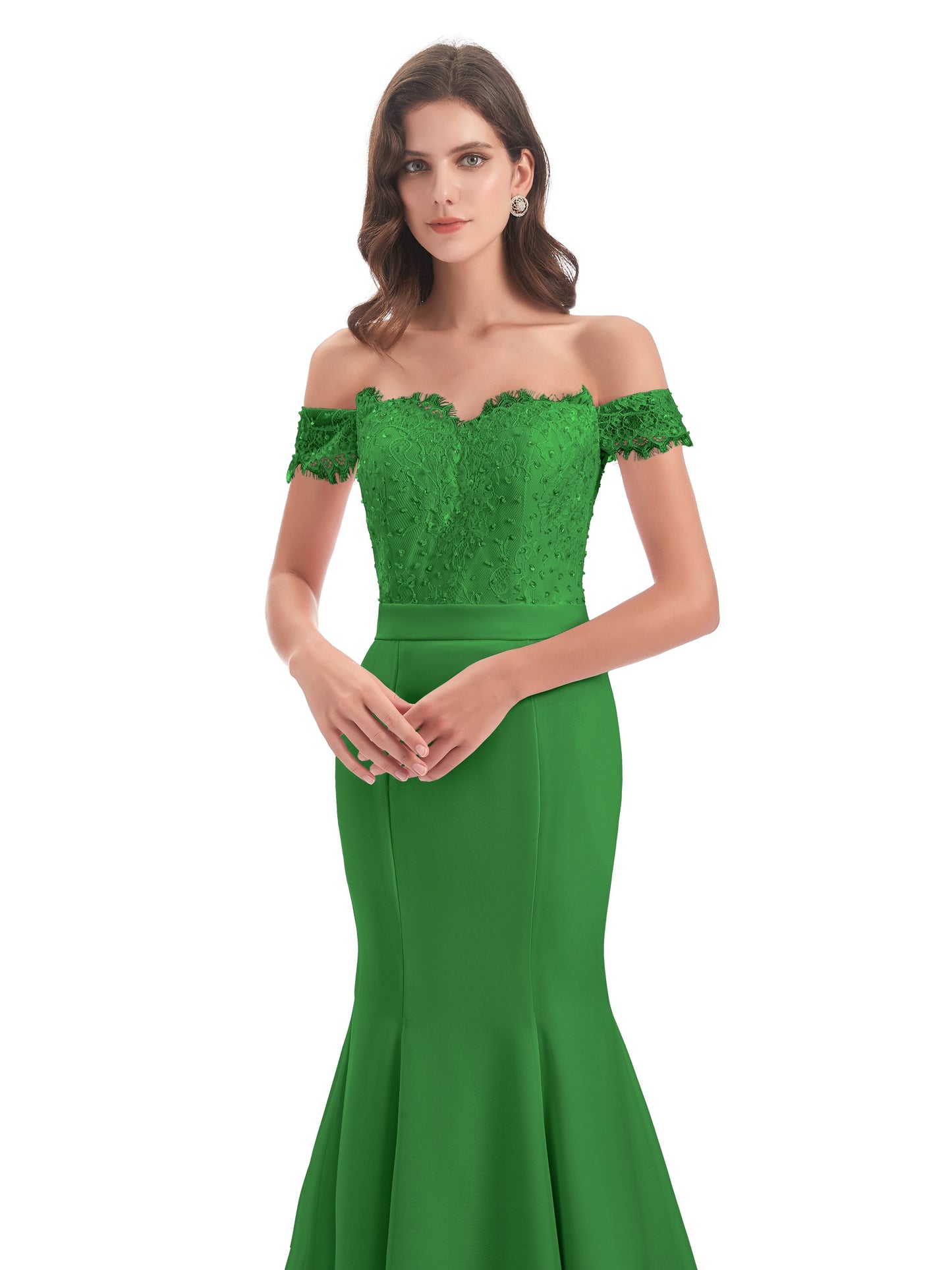 Carlee Hourglass Court Train Off The Shoulder Lace Bridesmaid Dresses