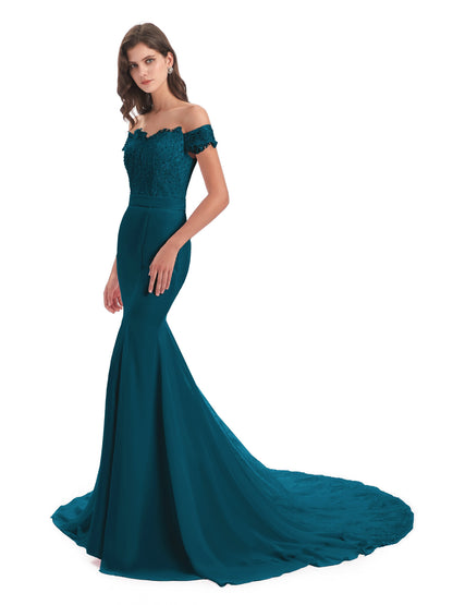 Carlee Hourglass Court Train Off The Shoulder Lace Bridesmaid Dresses