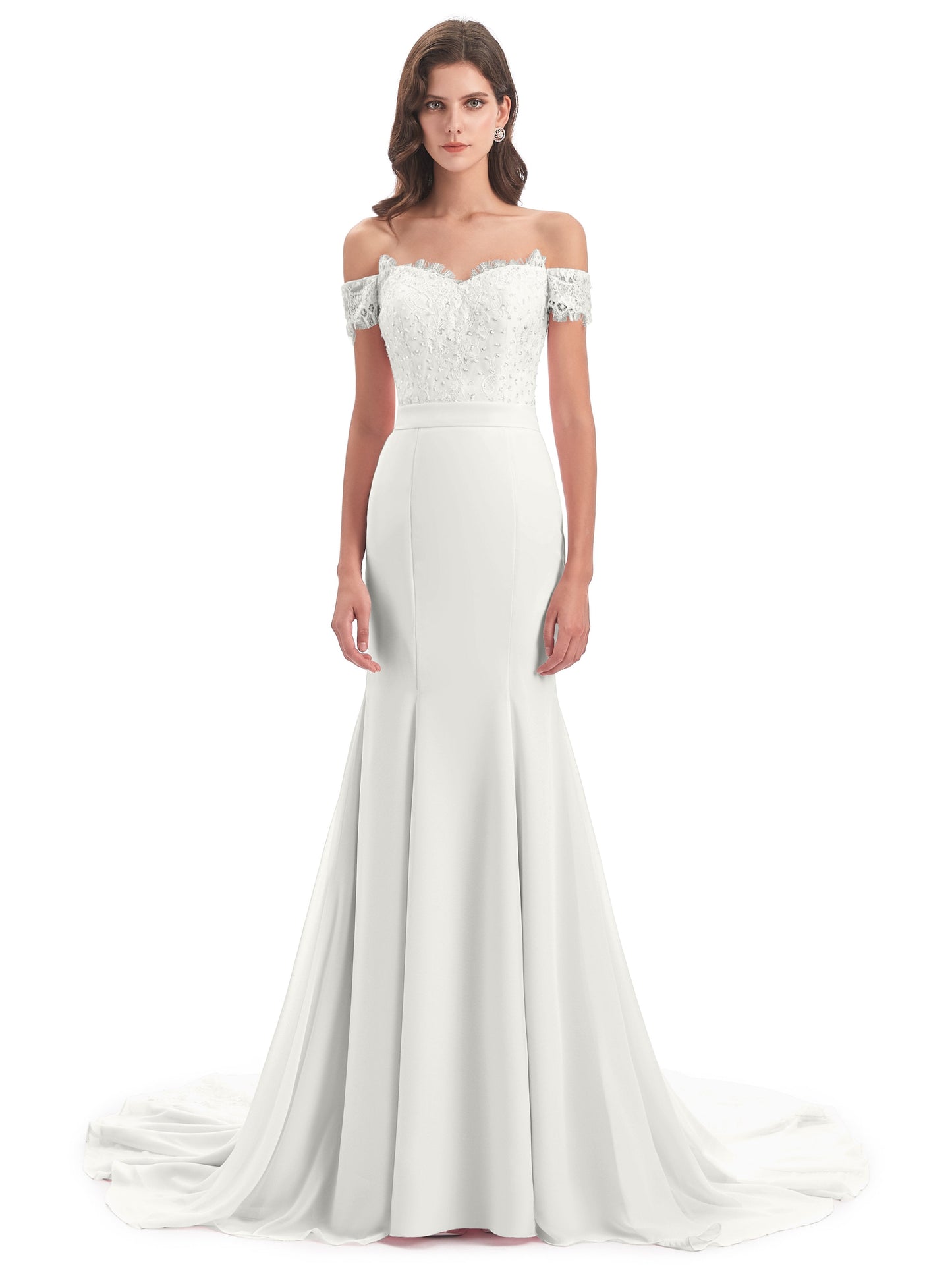 Carlee Hourglass Court Train Off The Shoulder Lace Bridesmaid Dresses