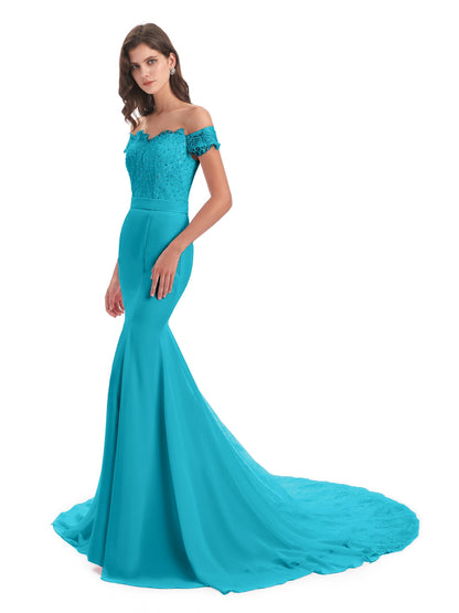 Carlee Hourglass Court Train Off The Shoulder Lace Bridesmaid Dresses
