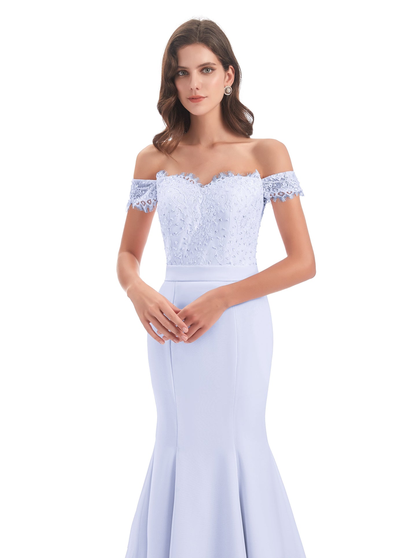 Carlee Hourglass Court Train Off The Shoulder Lace Bridesmaid Dresses