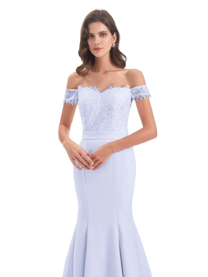 Carlee Hourglass Court Train Off The Shoulder Lace Bridesmaid Dresses