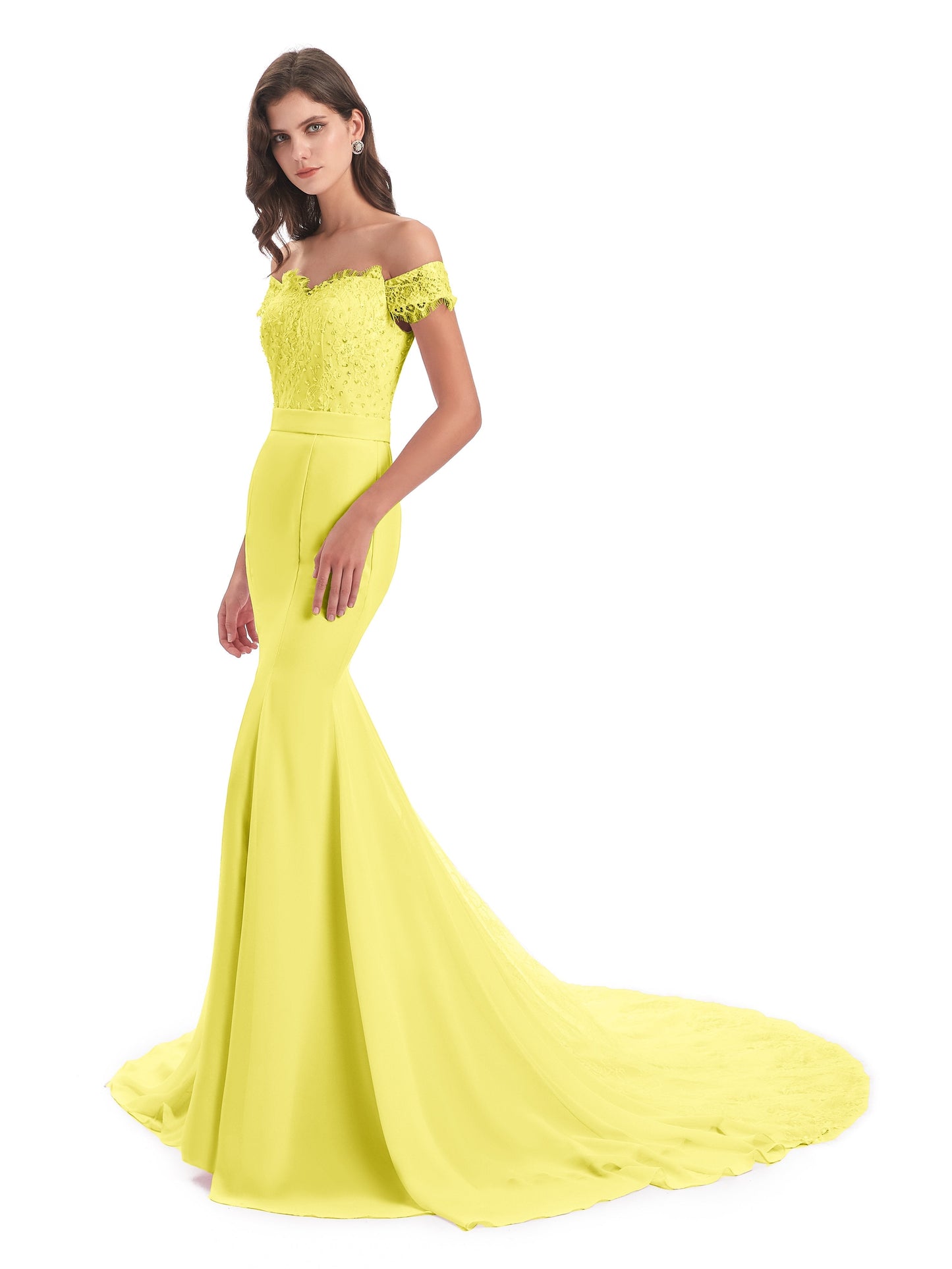 Carlee Hourglass Court Train Off The Shoulder Lace Bridesmaid Dresses