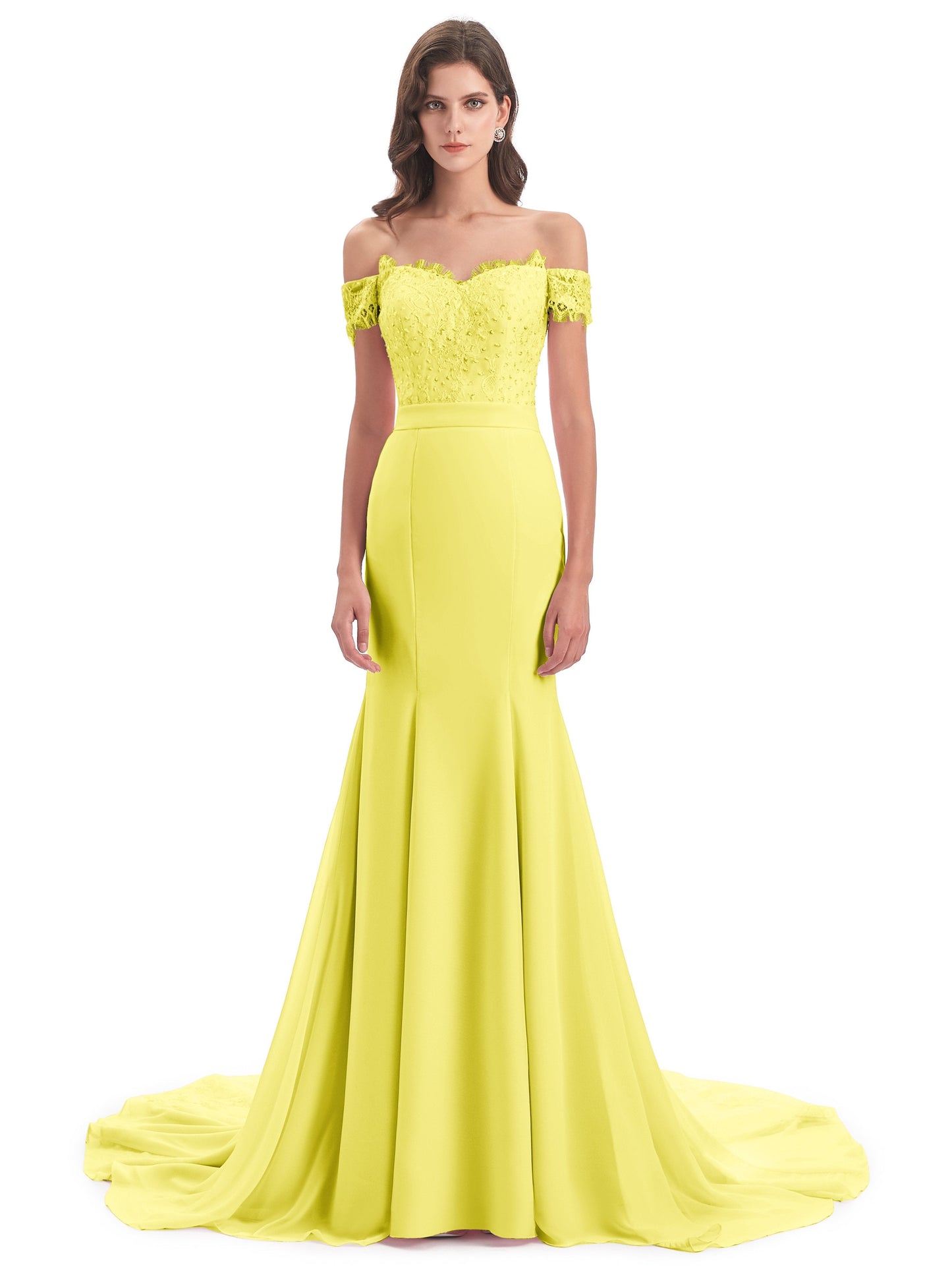 Carlee Hourglass Court Train Off The Shoulder Lace Bridesmaid Dresses