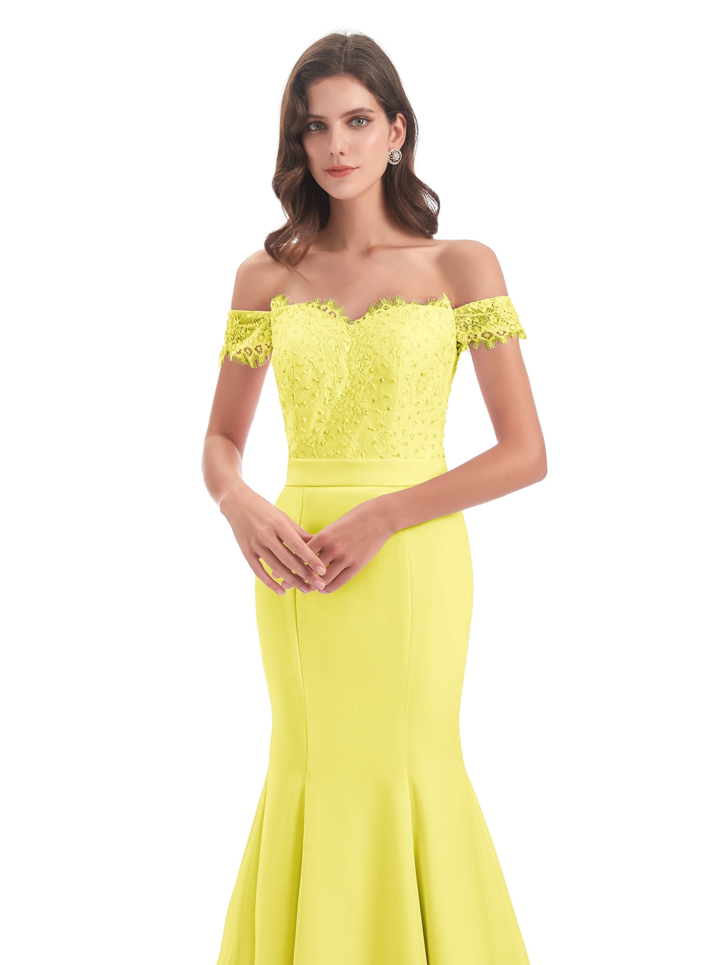 Carlee Hourglass Court Train Off The Shoulder Lace Bridesmaid Dresses