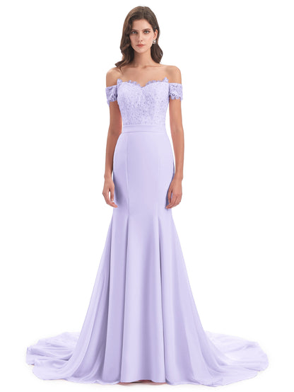 Carlee Hourglass Court Train Off The Shoulder Lace Bridesmaid Dresses