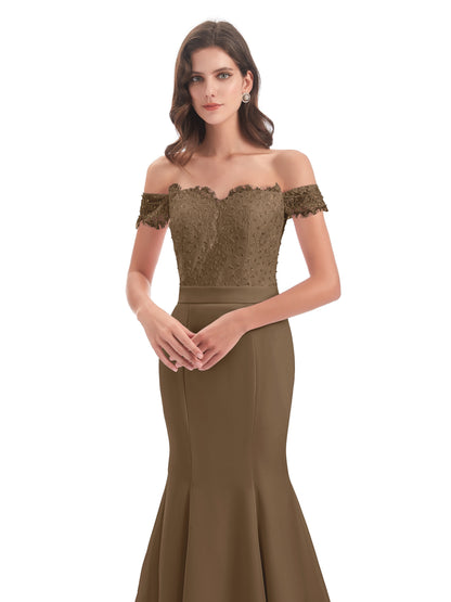 Carlee Hourglass Court Train Off The Shoulder Lace Bridesmaid Dresses