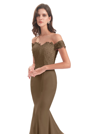 Carlee Hourglass Court Train Off The Shoulder Lace Bridesmaid Dresses