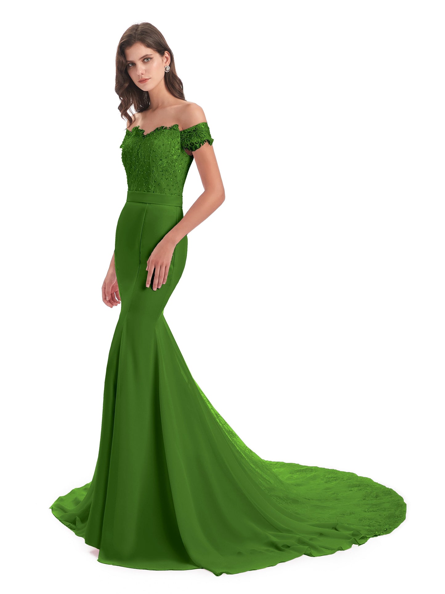 Carlee Hourglass Court Train Off The Shoulder Lace Bridesmaid Dresses