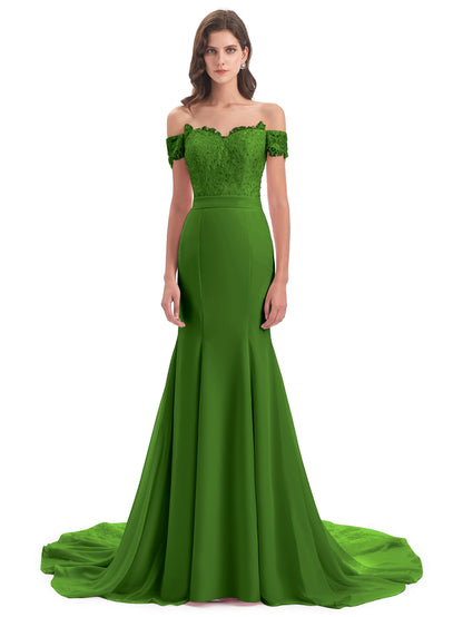 Carlee Hourglass Court Train Off The Shoulder Lace Bridesmaid Dresses