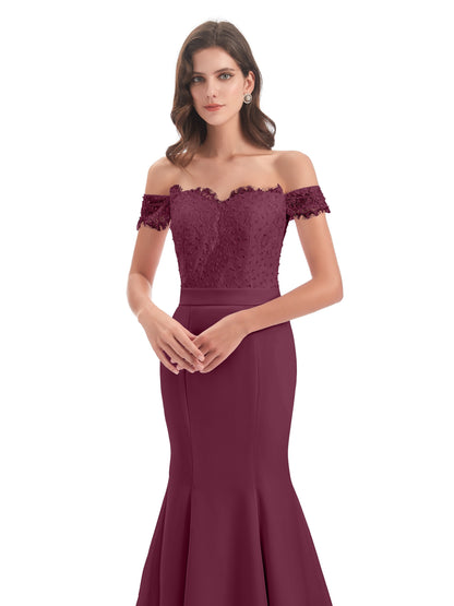 Carlee Hourglass Court Train Off The Shoulder Lace Bridesmaid Dresses