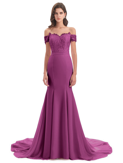 Carlee Hourglass Court Train Off The Shoulder Lace Bridesmaid Dresses
