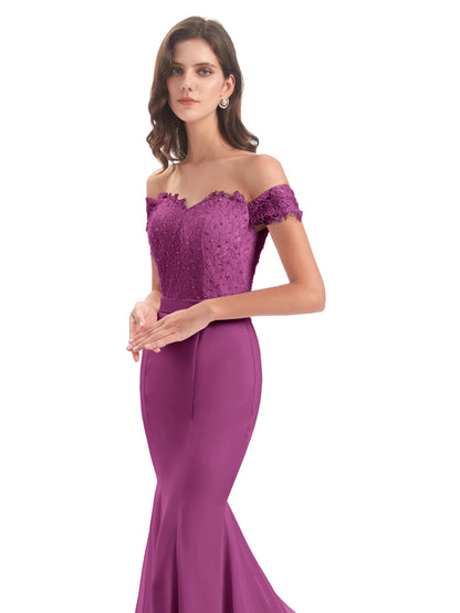 Carlee Hourglass Court Train Off The Shoulder Lace Bridesmaid Dresses