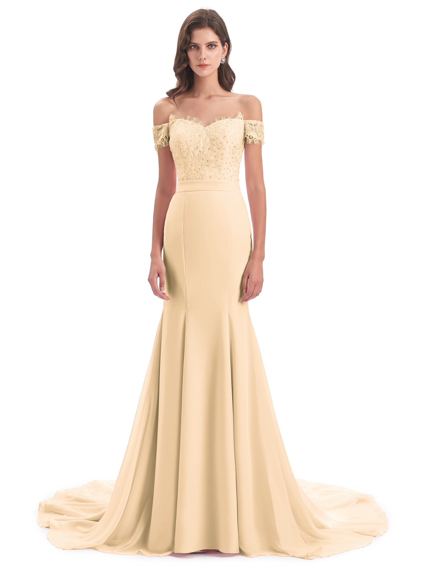 Carlee Hourglass Court Train Off The Shoulder Lace Bridesmaid Dresses