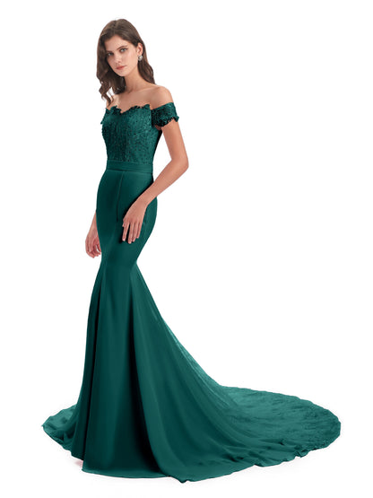 Carlee Hourglass Court Train Off The Shoulder Lace Bridesmaid Dresses