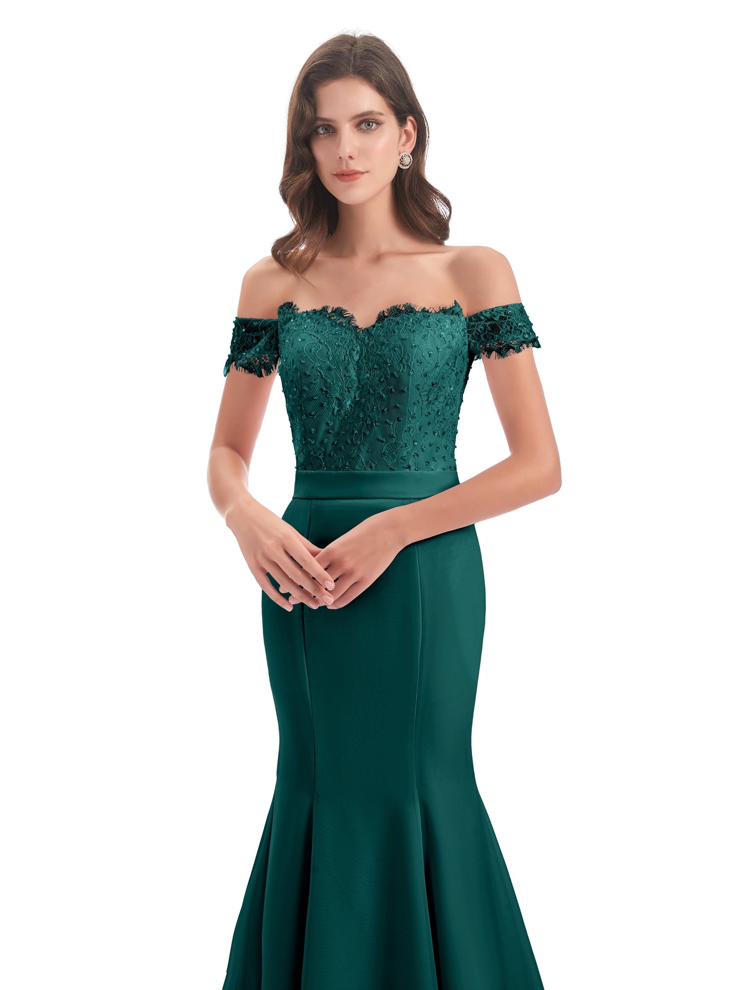 Carlee Hourglass Court Train Off The Shoulder Lace Bridesmaid Dresses