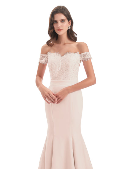 Carlee Hourglass Court Train Off The Shoulder Lace Bridesmaid Dresses