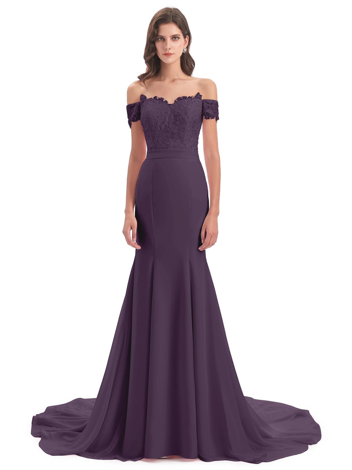 Carlee Hourglass Court Train Off The Shoulder Lace Bridesmaid Dresses