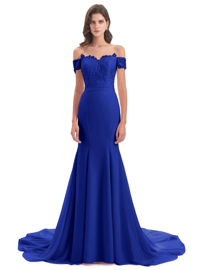 Carlee Hourglass Court Train Off The Shoulder Lace Bridesmaid Dresses