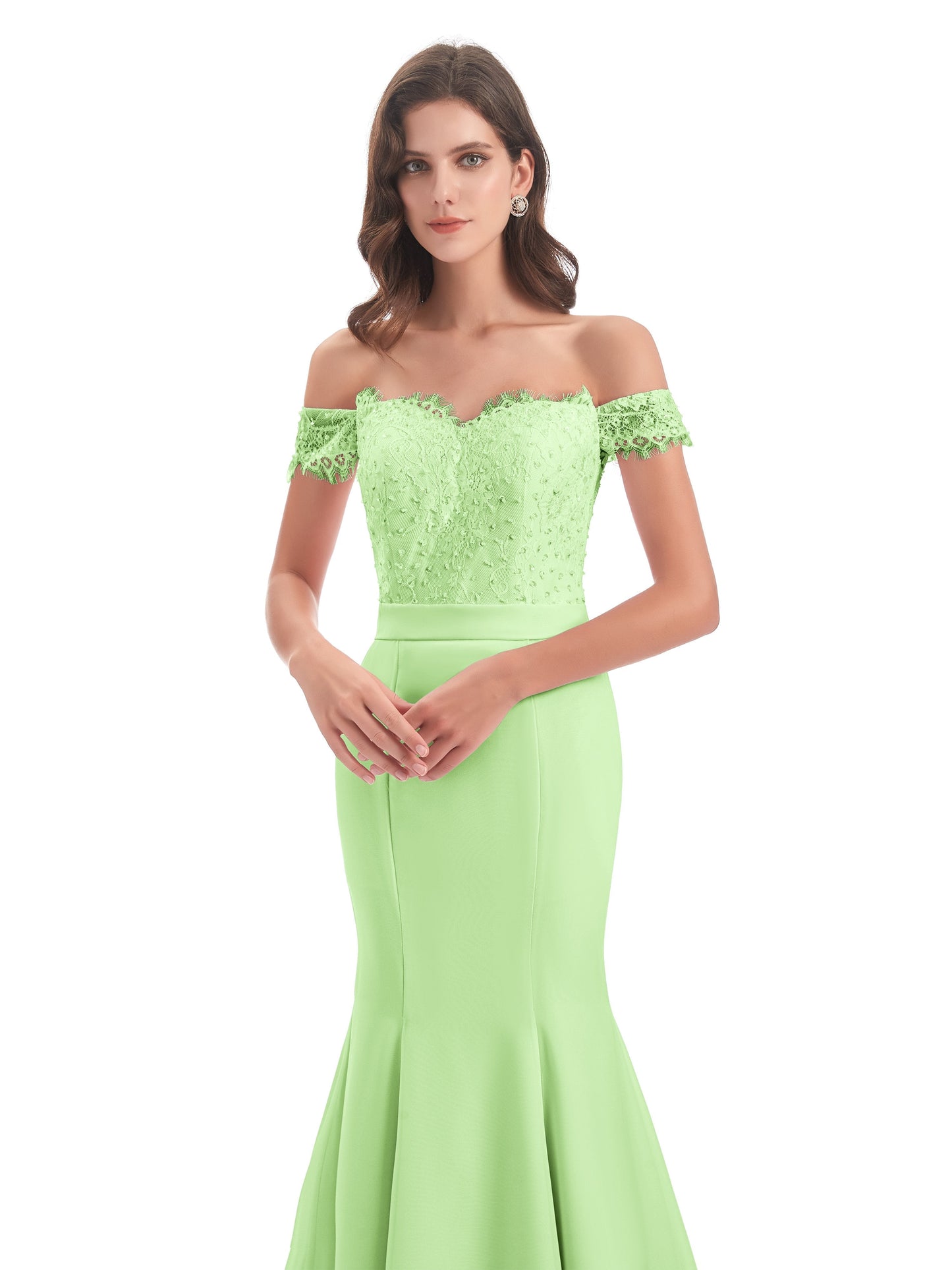 Carlee Hourglass Court Train Off The Shoulder Lace Bridesmaid Dresses