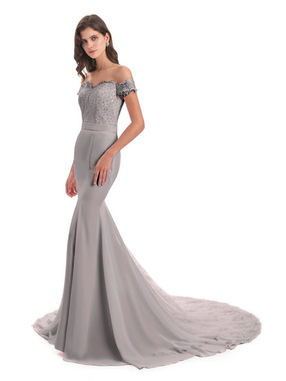 Carlee Hourglass Court Train Off The Shoulder Lace Bridesmaid Dresses