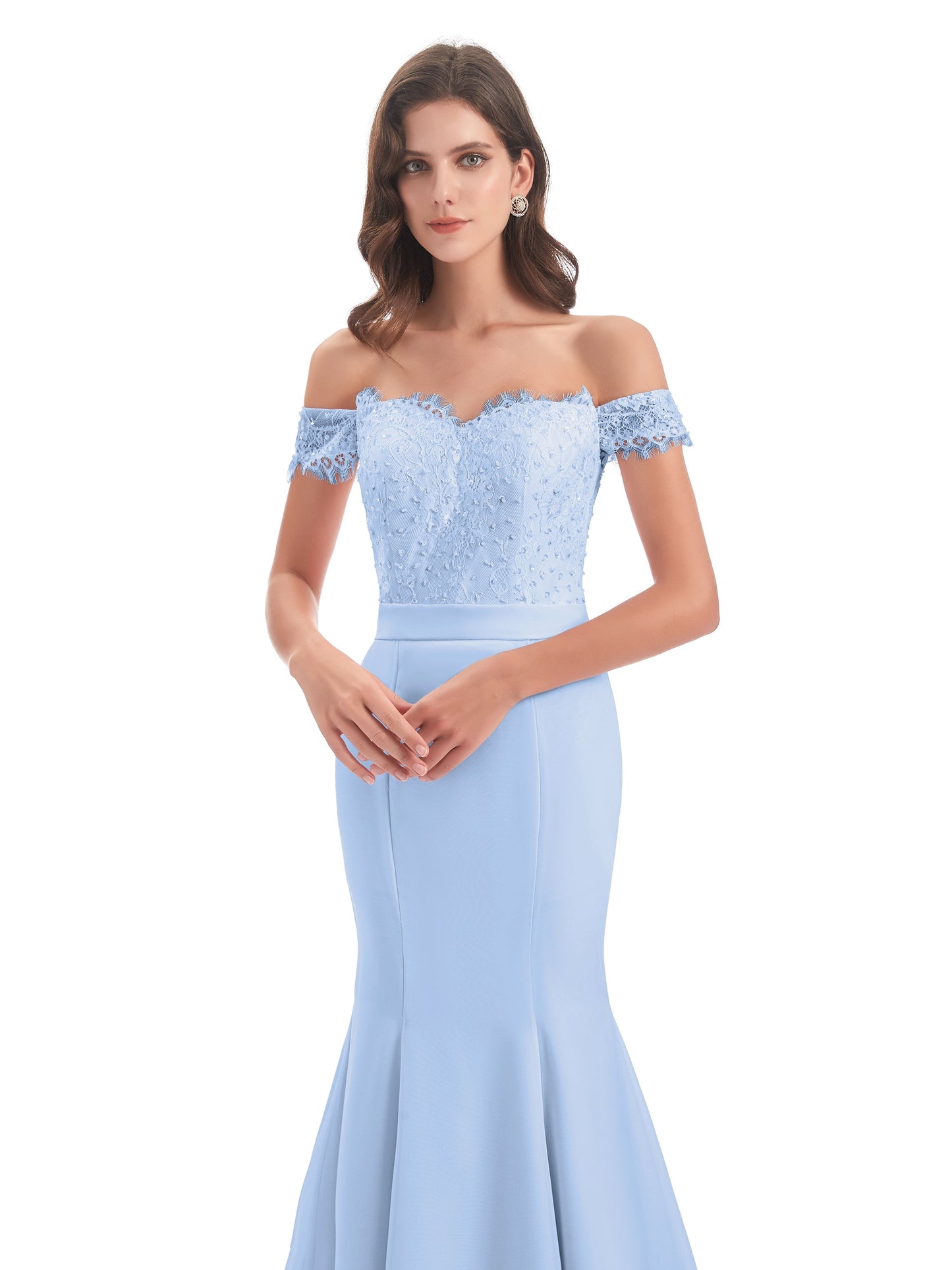 Carlee Hourglass Court Train Off The Shoulder Lace Bridesmaid Dresses