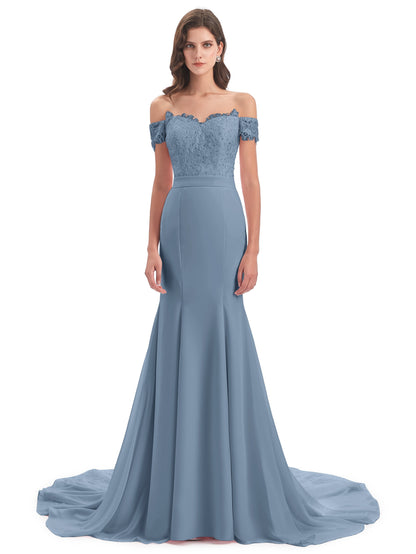 Carlee Hourglass Court Train Off The Shoulder Lace Bridesmaid Dresses