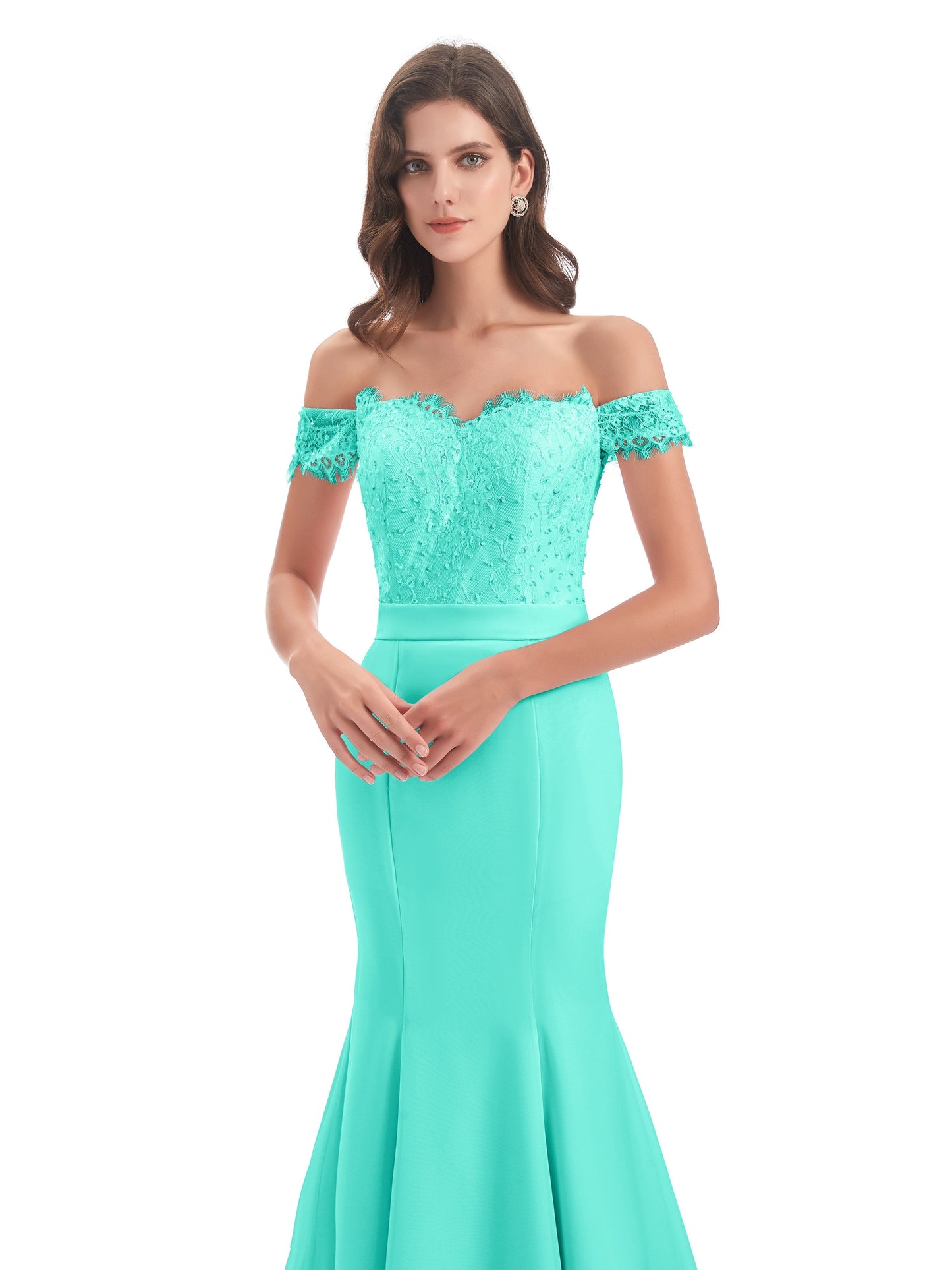 Carlee Hourglass Court Train Off The Shoulder Lace Bridesmaid Dresses