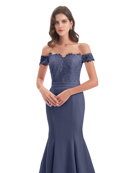 Carlee Hourglass Court Train Off The Shoulder Lace Bridesmaid Dresses