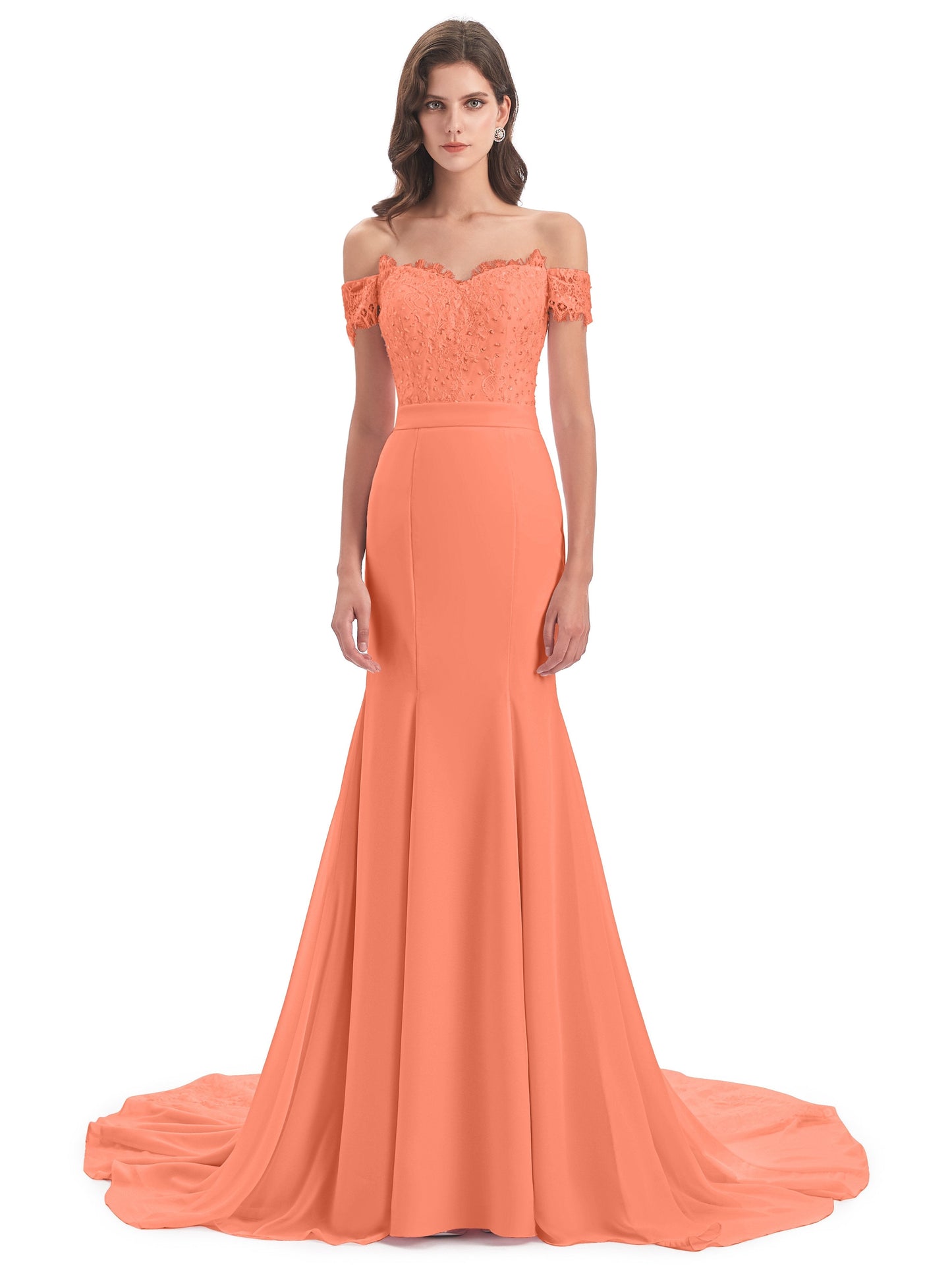 Carlee Hourglass Court Train Off The Shoulder Lace Bridesmaid Dresses