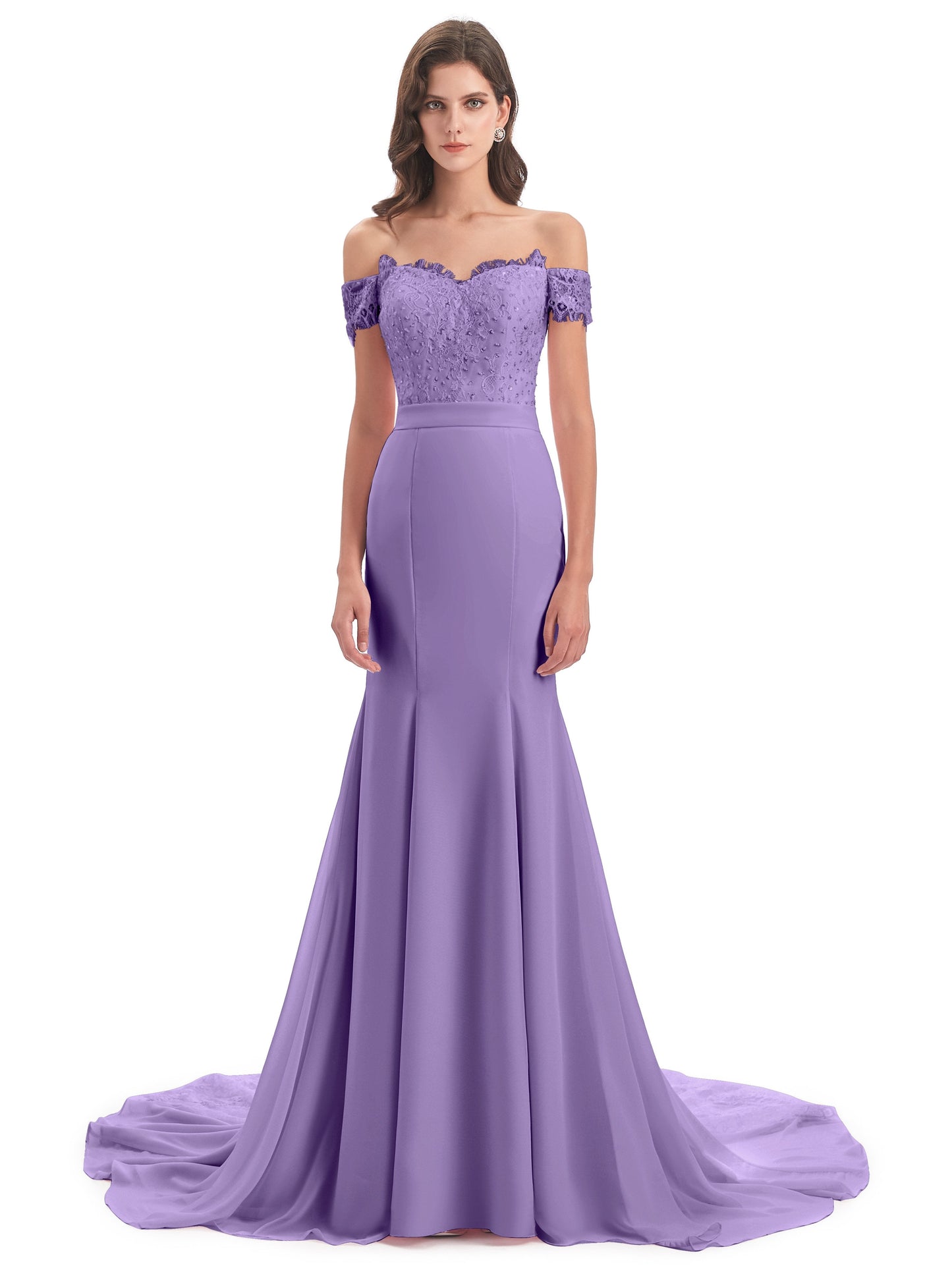 Carlee Hourglass Court Train Off The Shoulder Lace Bridesmaid Dresses