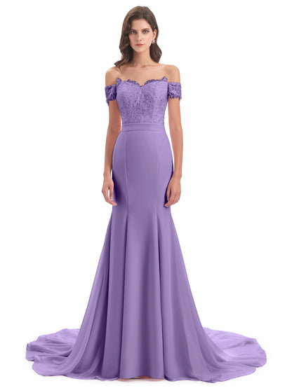 Carlee Hourglass Court Train Off The Shoulder Lace Bridesmaid Dresses
