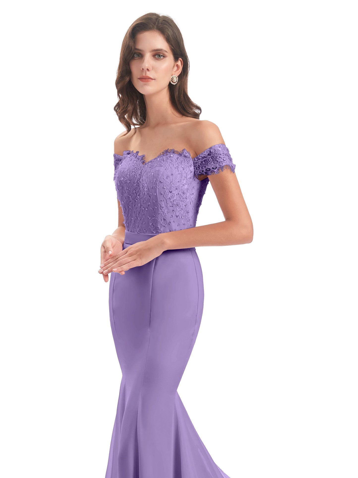 Carlee Hourglass Court Train Off The Shoulder Lace Bridesmaid Dresses
