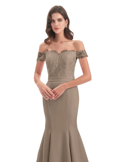 Carlee Hourglass Court Train Off The Shoulder Lace Bridesmaid Dresses