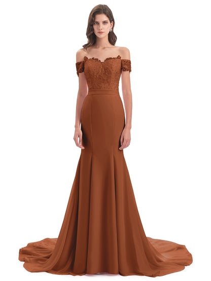 Carlee Hourglass Court Train Off The Shoulder Lace Bridesmaid Dresses