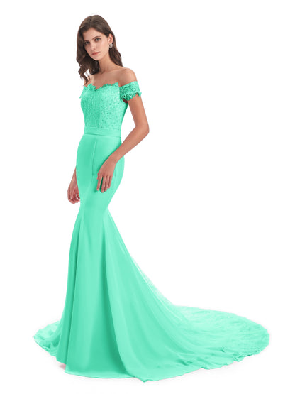 Carlee Hourglass Court Train Off The Shoulder Lace Bridesmaid Dresses