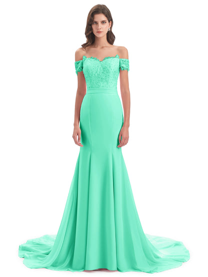 Carlee Hourglass Court Train Off The Shoulder Lace Bridesmaid Dresses