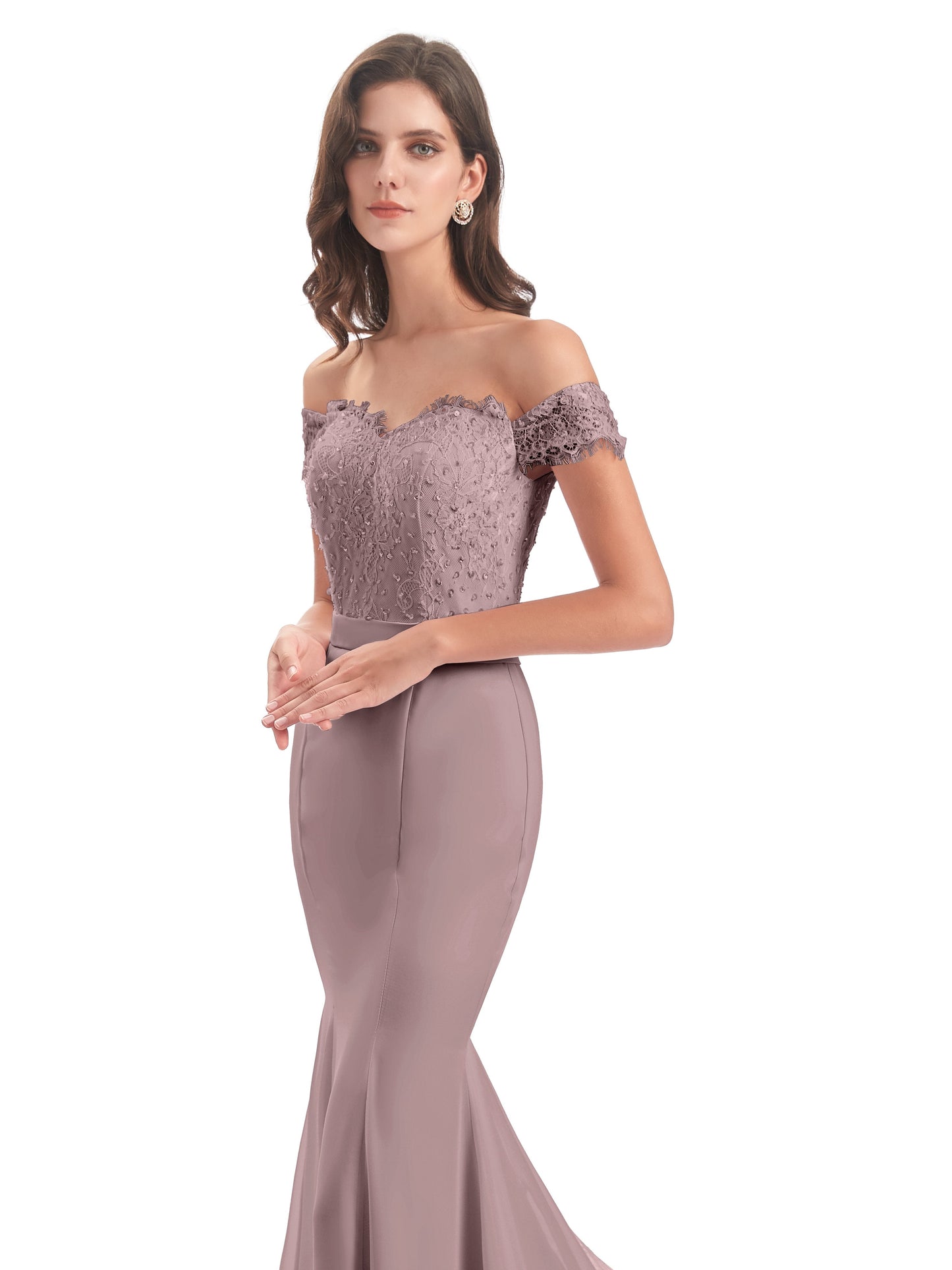 Carlee Hourglass Court Train Off The Shoulder Lace Bridesmaid Dresses