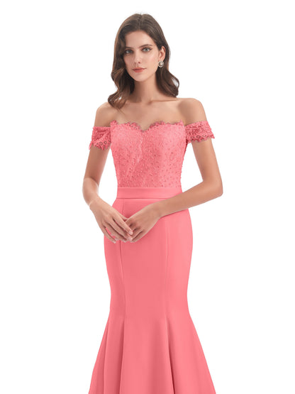 Carlee Hourglass Court Train Off The Shoulder Lace Bridesmaid Dresses