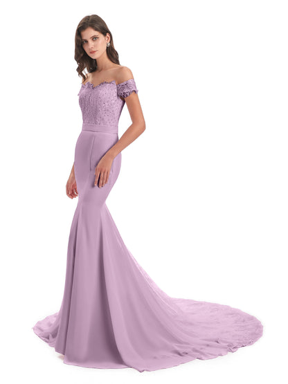 Carlee Hourglass Court Train Off The Shoulder Lace Bridesmaid Dresses