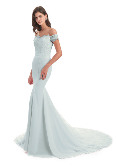 Carlee Hourglass Court Train Off The Shoulder Lace Bridesmaid Dresses