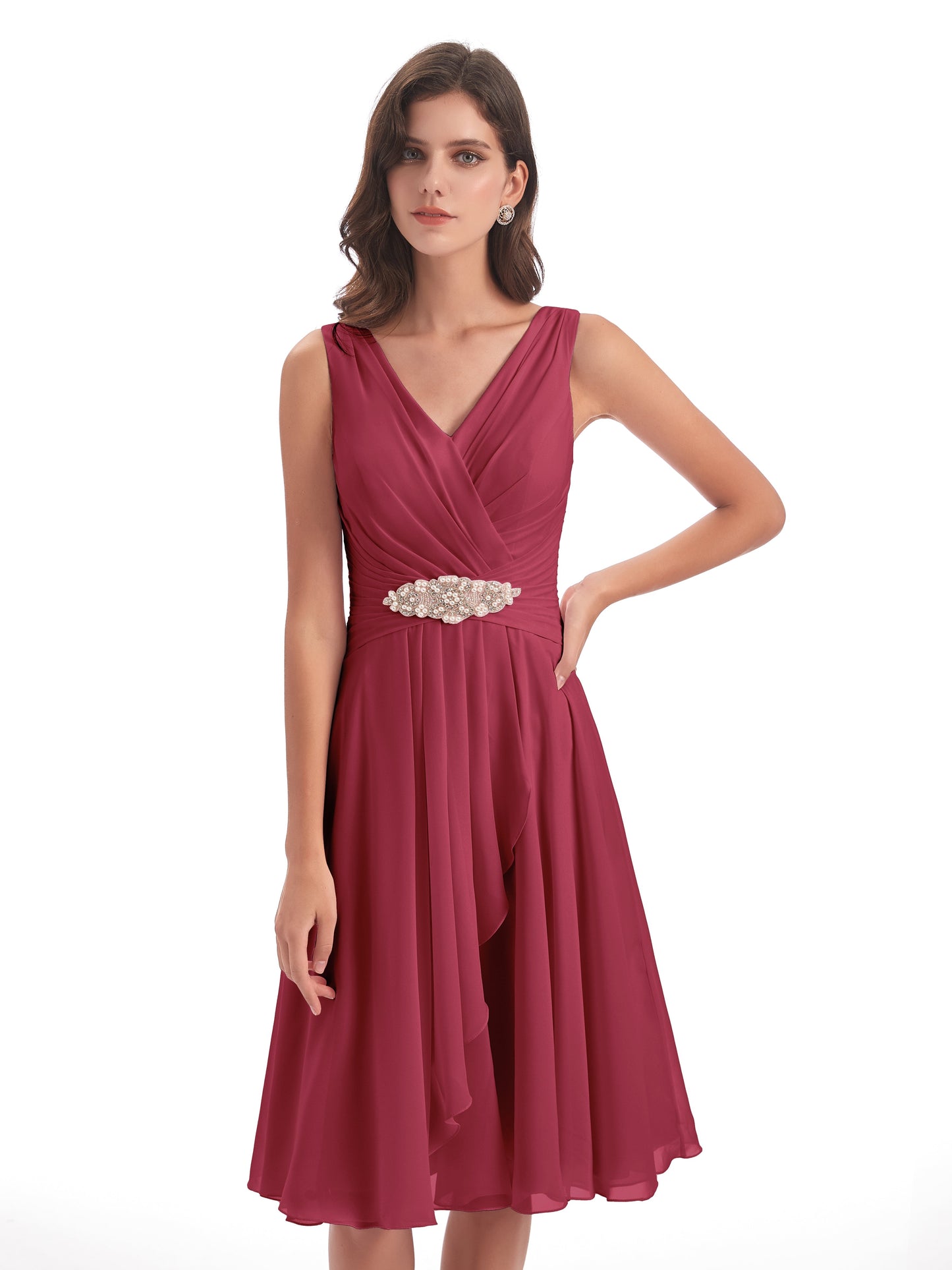 Caylee Knee Length V-neck Asymmetrical Chiffon Bridesmaid Dresses
