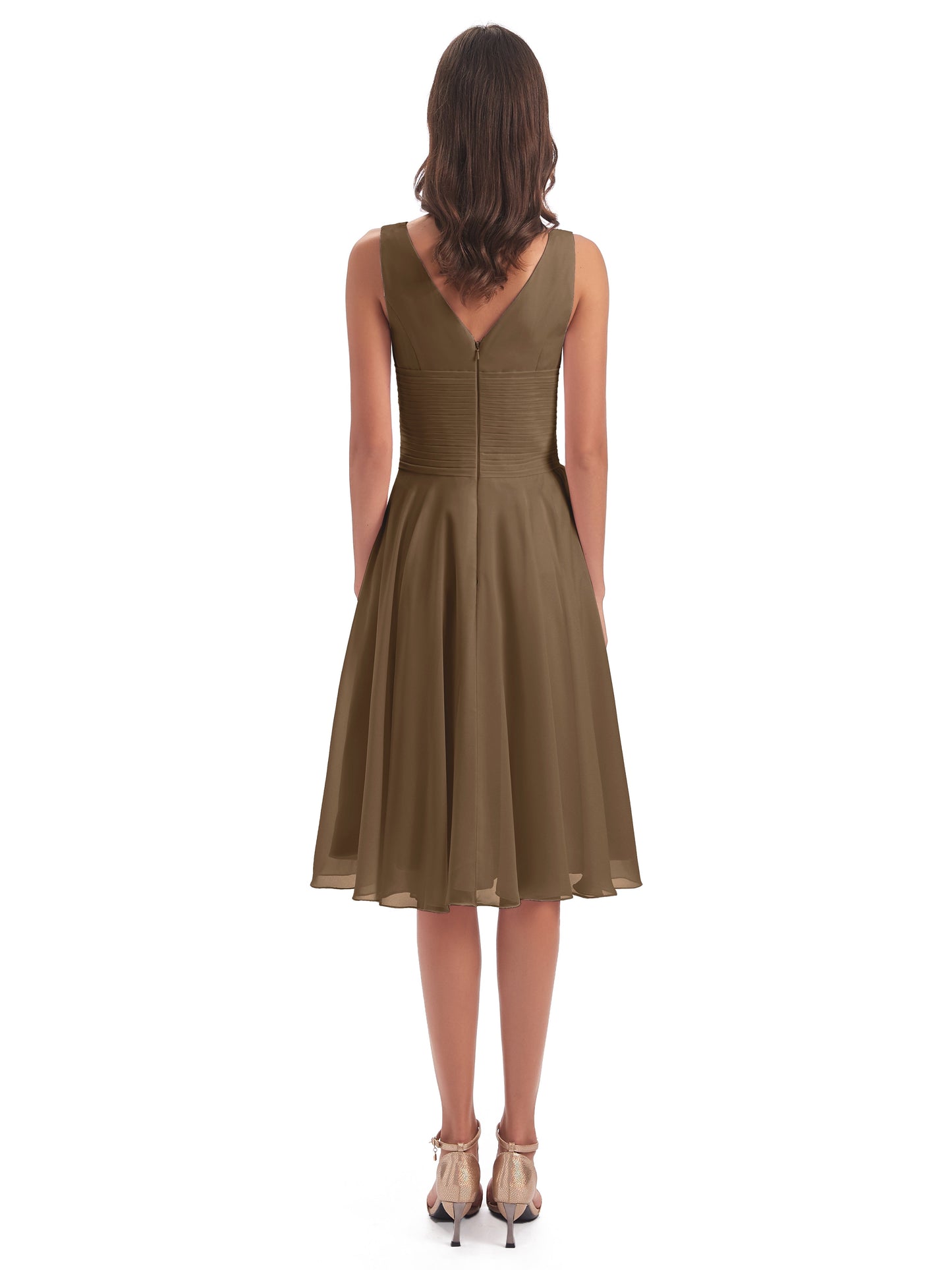 Caylee Knee Length V-neck Asymmetrical Chiffon Bridesmaid Dresses
