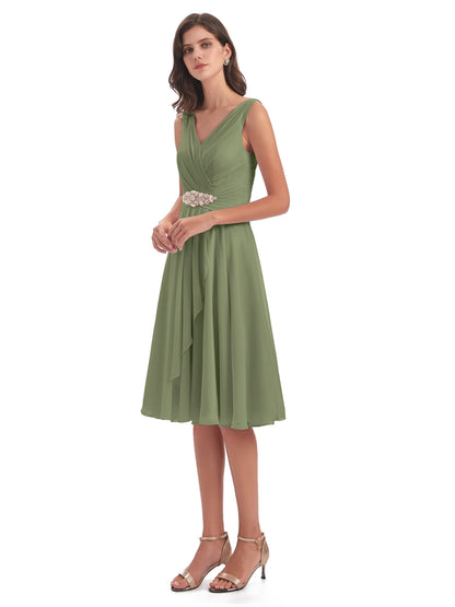 Caylee Knee Length V-neck Asymmetrical Chiffon Bridesmaid Dresses