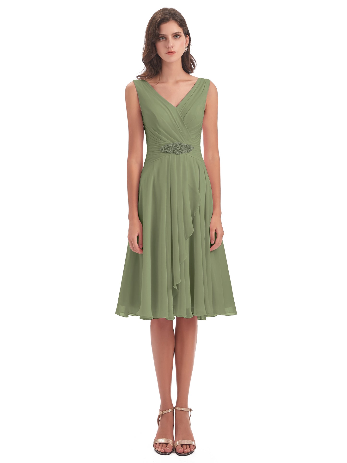 Caylee Knee Length V-neck Asymmetrical Chiffon Bridesmaid Dresses