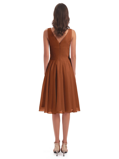 Caylee Knee Length V-neck Asymmetrical Chiffon Bridesmaid Dresses