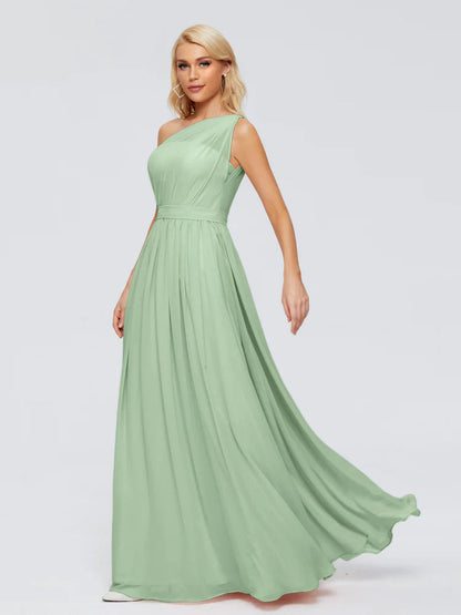 Dusty Sage Green Bridesmaid Dress A Line One-shoulder Chiffon Floor Length Bridesmaid Dresses