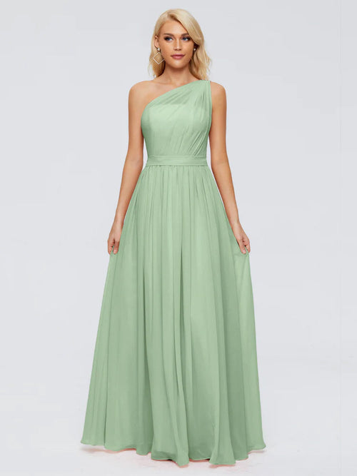 Dusty Sage Green Bridesmaid Dress A Line One-shoulder Chiffon Floor Length Bridesmaid Dresses