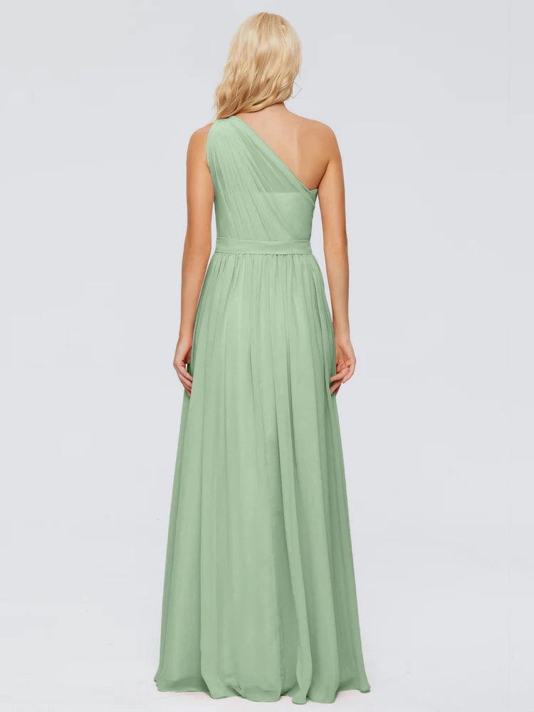 Dusty Sage Green Bridesmaid Dress A Line One-shoulder Chiffon Floor Length Bridesmaid Dresses