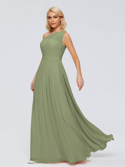 Olive Green Bridesmaid Dress A Line One-shoulder Chiffon Floor Length Bridesmaid Dresses